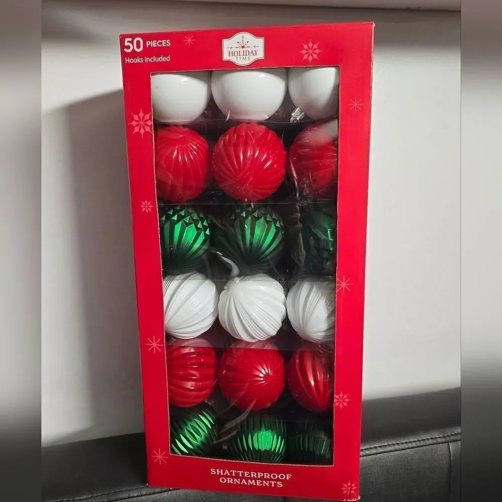 50-Count Red, Green, White Shatterproof Christmas Ornaments, 2,5" Holiday Time